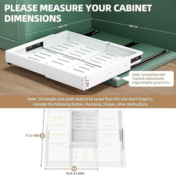2 Pack Expandable Pull Out Cabinet Organizer, Width (12"-19" ) & Depth (16.5"-22")No Drill Adjustable Cabinet Pull Out Shelves for Kitchen,Pantry, Adhesive Roll Out Shelves for Kitchen Cabinets-White - Image 2