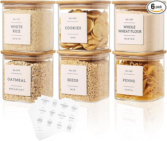 6 Pack Square Glass Pantry Storage Containers with 132 Kitchen Food Pantry Labels - 24 floz Clear Glass Pantry Jars with Airtight Wood Bamboo Lids - Glass Canisters for Sugar, Cereal, Coffee, Spice by CZDYSM