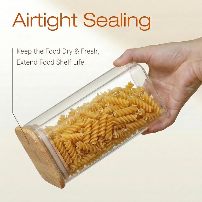 27 oz Square Glass Food Storage Containers with Airtight Bamboo Lids, 6Pack | Stackable Small Pantry Jars for Spices, Nuts & Seeds , 3mm Borosilicate Glass Canisters Keep Food Fresh, Easy to Fill & Clean - Image 5