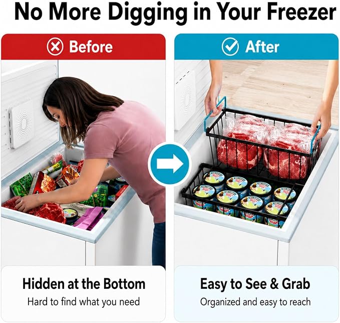 Chest Freezer Organizer - Small Storage Baskets for 7 Cu.Ft, 8 Pack | Easy Access Handles, Stackable Deep Freezer Wire Baskets, Vertical Space Sorts for Frozen Meat, Vegetable and Bagged Items - Image 3