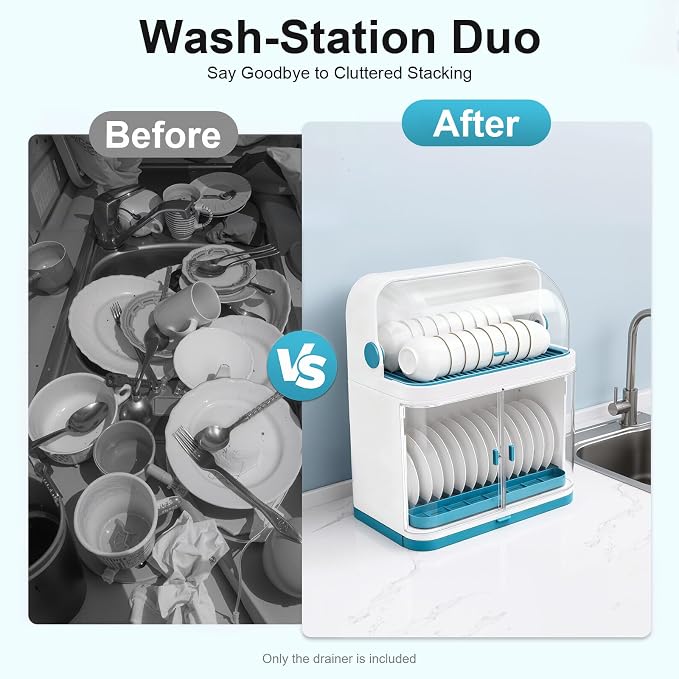2 Tier Dish Drying Rack with Lid Cover Kitchen Counter Organizer with Drainboard & Cutlery Holder Space Saving for Small Kitchen - Image 6