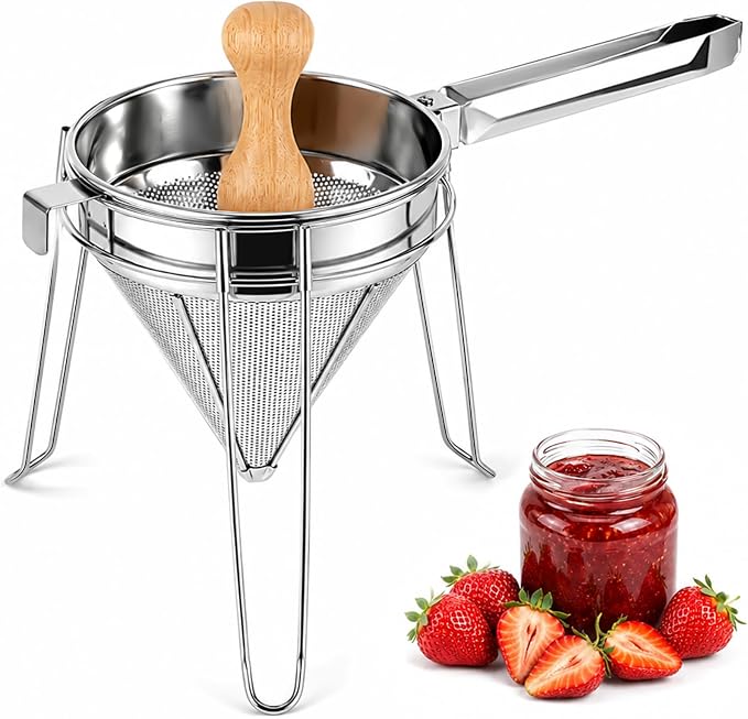 Chinois Strainer Set with Stand & Pestle, China Cap Strainer for Sauces | Stainless Steel Fine Mesh Cone Sieve for Soups, Stocks, Tomato Puree and Jam, with Stand and Wooden Pestle Included by Unknown