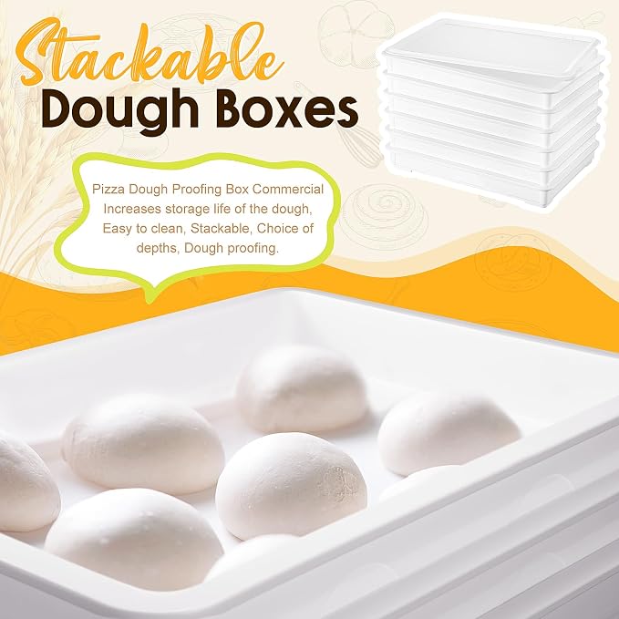Tioncy 6 Pack White Pizza Dough Proofing Box Tray with Lid 22.44" x 15" x 2.8" Stackable Dough Proofing Containers for Pizza Bread Resistance to Impact Temperature Changes Commercial Family Use - Image 4