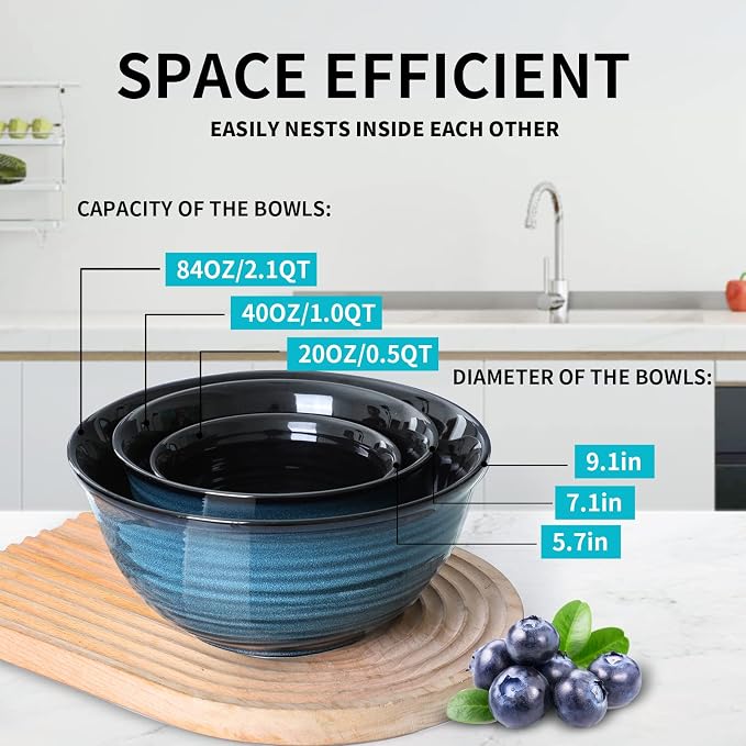 HASENSE Ceramic Mixing Bowls Set for Kitchen, Handmade Serving Dishes for Entertaining, 2.1/1.0/0.5 Qt Deep Microwave Safe Nesting Bowls for Storage and Baking, Blue - Image 2