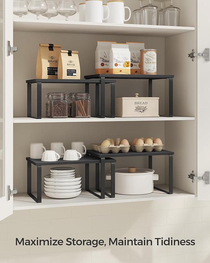 SONGMICS Cabinet Organizer Shelf, Set of 2 Kitchen Counter Shelves, Kitchen Storage, Spice Rack, Stackable, Expandable, Metal and Engineered Wood, Ink Black and Charcoal Black UKCS02B01 (Pack of 2) - Image 3