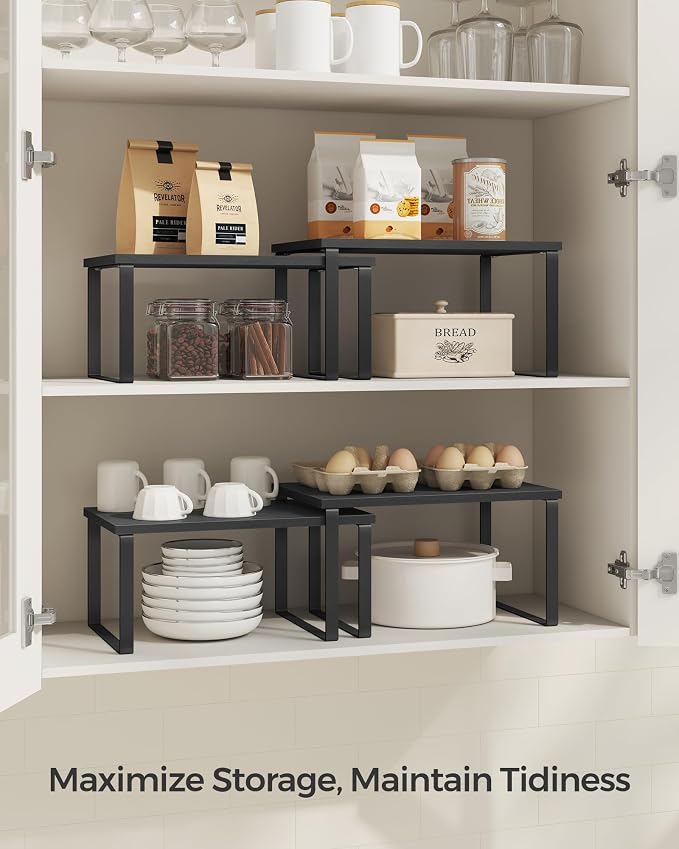 SONGMICS Cabinet Organizer Shelf, Set of 2 Kitchen Counter Shelves, Kitchen Storage, Spice Rack, Stackable, Expandable, Metal and Engineered Wood, 11.7 Inches, Ink Black and Charcoal Black UKCS02B01 - Image 3