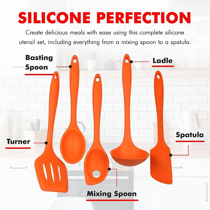 Chef Craft Premium Silicone Kitchen Tool and Utensil Set, 5 Piece, Orange - Image 4