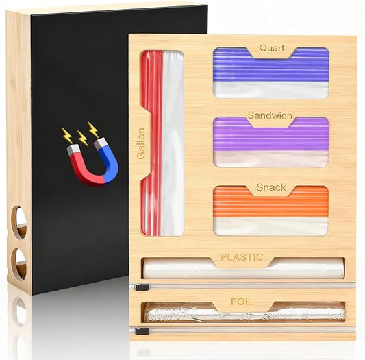 6-in-1 Magnetic Food Bag Storage Organizer for Drawer and Refrigerator, Bamboo Bag Organizer and Plastic Wrap Dispenser with Cutter, Fits Gallon, Quart, Sandwich, Snack Bags by TPCSCH