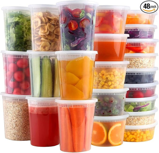 Cozary Food Containers with Lids 48 Pieces, Airtight Food Containers 12-32oz and 24-16oz and 12-8oz, Reusable Plastic Cups for Food, Safe in Microwave and Freezer by Cozary