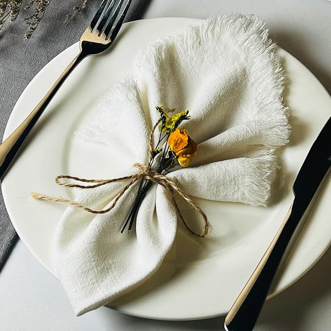 Handmade Cloth Napkins with Fringe,18 x 18 Inches Cotton Linen Napkins Set of 6 Versatile Handmade Square Rustic Fringe Napkins for Dinner, Wedding and Parties, White by Dololoo