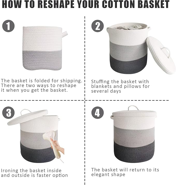 Large Storage Basket with Lid 60L, 16"Wx18"H Woven Laundry Basket with Lid Cotton Laundry Basket, Wicker Basket Blankets Pillows Storage in Living Room Baby Nursery, Dark Gray/Gray/White Mix with Lid - Image 5