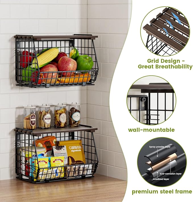 Hanging Fruit Basket for Kitchen, 3 Pack Vegetable Produce Basket | Wall Mounted & Countertop Wire Storage Basket for Potato Onion Fruits Vegetables, Pantry Organizers Storage - Image 4
