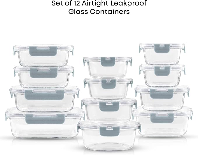 JoyJolt 24pc Borosilicate Glass Storage Containers with Lids | 12 Airtight/Freezer Safe Food Storage Containers for Pantry and Kitchen | Meal Prep Container for Lunch | Glass Tupperware Set - Image 3