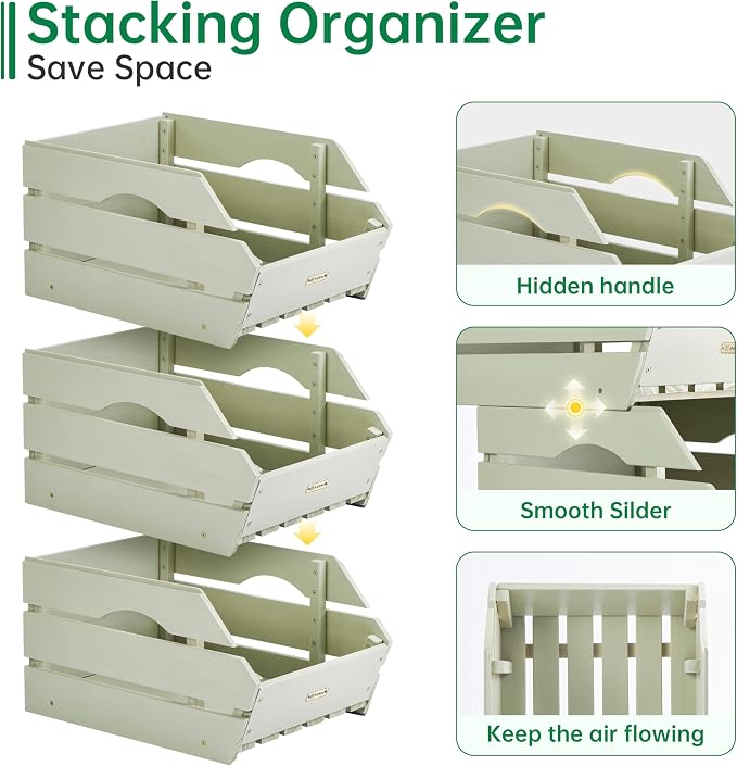 Wood Potato Onion Storage Bins - Wooden Stackable Produce Basket - Fruit Vegetable Storage for Kitchen Pantry Organization, Set 3 Pieces - Image 5