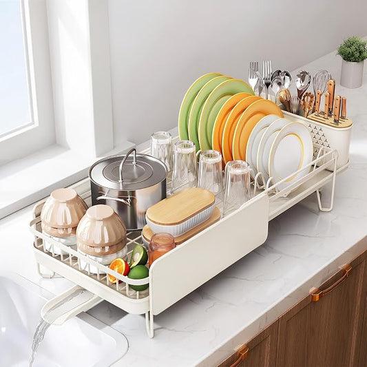SNTD Large Dish Drying Rack for Kitchen Counter, Expandable, White | Stainless Steel Dish Drainer, Adjustable Length 18.9''-29.3'', Automatic Drainage, 360° Spout, Cutlery Holder with Knife Slot by SNTD