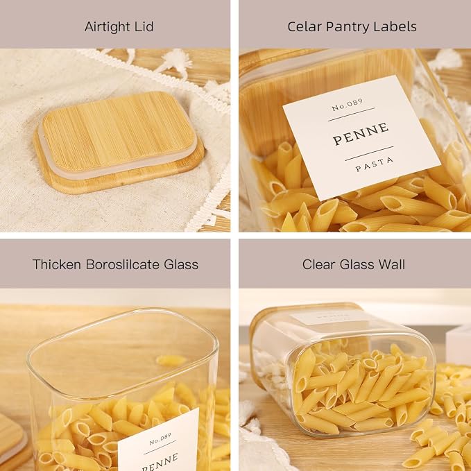 4 Pack Square Glass Pantry Storage Containers with 132 Kitchen Food Pantry Labels - 34 floz Clear Glass Pantry Jars with Airtight Wood Bamboo Lids - Glass Canisters for Tea, Cereal, Coffee, Spice - Image 4