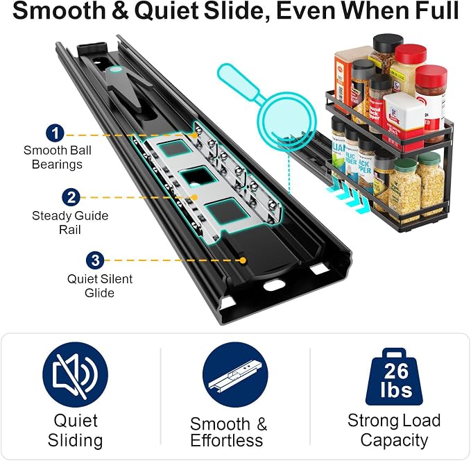 Pull Out Spice Rack - 2 Pack for Inside Cabinet with Front Lips | Peel-and-Stick No Drilling Setup, Smooth Slide Access for 1-8 Oz Spice Jars, Cabinet Storage, Daily Cooking Use, Daily - Image 6