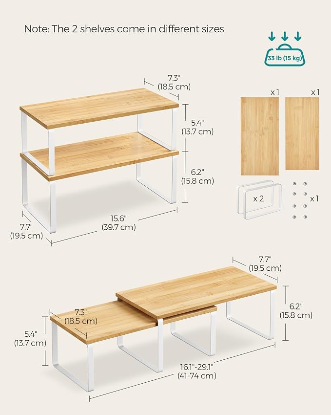 SONGMICS Cabinet Organizer Shelf, Set of 2 Kitchen Counter Shelves, Kitchen Storage, Spice Rack, Stackable, Expandable, Metal and Engineered Wood, Cloud White and Natural Beige UKCS200W01 - Image 6