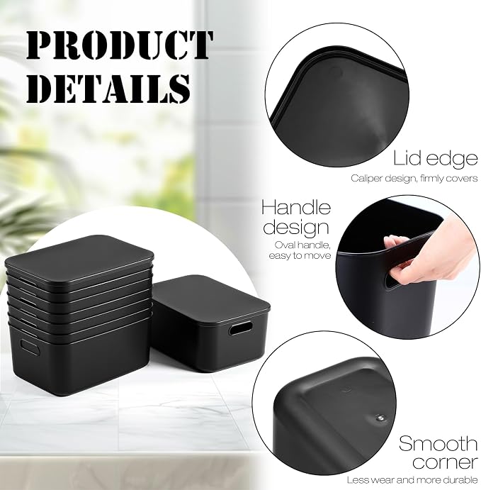 8 Pieces Colorful Storage Bins with Lid, Plastic Storage Basket Organizing Container Stackable Box with Handle for Shelves Desktop Playroom Office(13.8 x 9.8 x 5.9 Inch,Black) - Image 3