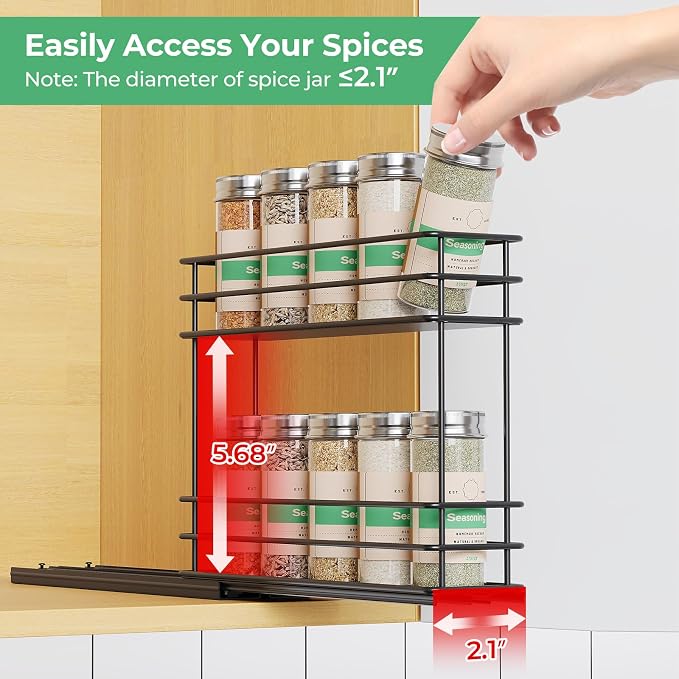 Mystozer Pull Out Spice Rack Organizer for Cabinet, Slide Out Spice Racks, Easy to Install Spice Cabinet Organizer, 2.5" Wx10.43 Dx8.26 H, 1 Drawer 2 Tiers（Black） - Image 3
