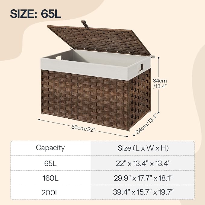 HOOBRO Storage Basket with Lid, 17.2 Gallon (65L) Wicker Basket, Handwoven Blanket Storage Basket with Handles, Metal Frame and Soft Lining, Foldable for Bedroom, Laundry Room, Brown BR265CW01 - Image 3