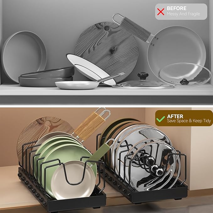 Black 2 Pack Pot Lid Organizer, Pull Out Cabinet Rack, 16 Dividers | 2-pack black carbon steel rack, 16 adjustable dividers, quiet slide rails, adhesive or screw mount for lids, pans, bakeware - Image 5