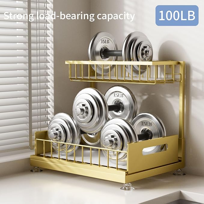 2-Pack L-Shaped Under Sink Organizer, 2-Tier Pull-out Cabinet Rack | Gold Height-Adjustable Steel Rack, Sliding Grid Drawers with PP Liners, Holds 100 Lbs, Suction Base, Ideal Kitchen Storage - Image 4