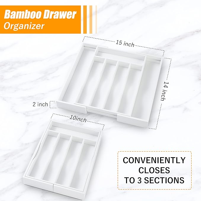 White Silverware Organizer Kitchen Drawer Organizer Expandable Bamboo Utensil Holder Cutlery Tray for Kitchen Utensil and Flatware Bedroom Office - Image 3