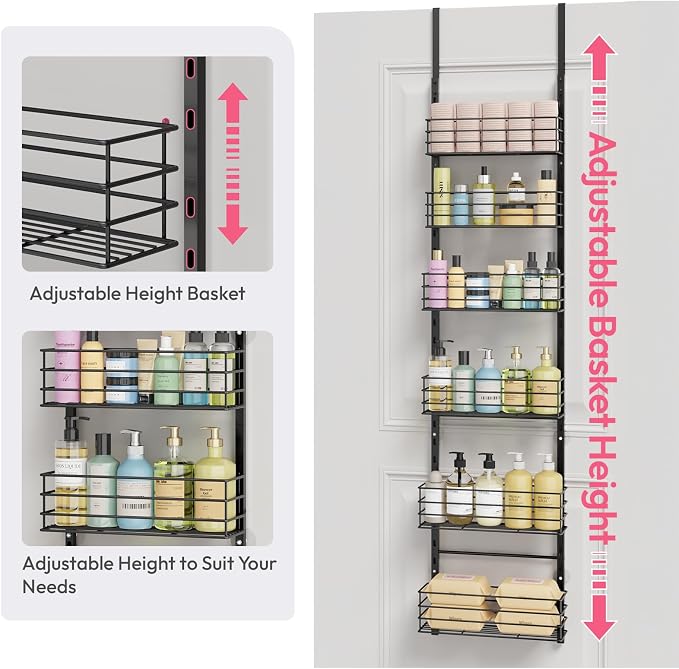 SWTYMIKI Over The Door Organizer - Door Organizer Hanging with 6 Adjustable Metal Large Capacity Basket, Wall Mounted Shelf for Bedroom Closet Bathroom Laundry Pantry Cabinet Kitchen(Black) - Image 8