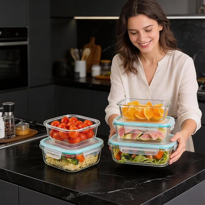 Liuruiyu Glass Food Storage Containers with Lids, 8 Pack Meal Prep Containers, Airtight Bento Boxes with Leak Proof Locking for Microwave, Oven, Freezer and Dishwasher, BPA Free（5oz to 36oz） - Image 4