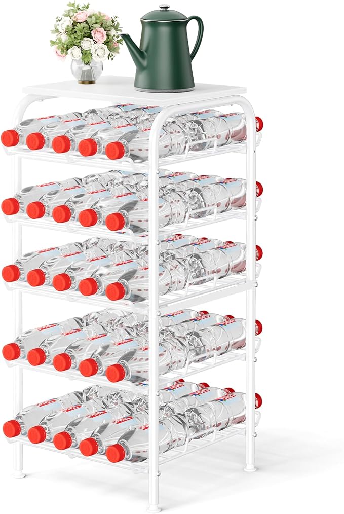 Water Bottle Organizer 5 Tier Free Standing Water Bottle Storage Rack Metal Water Bottle Rack Shelf Large Capacity Bottled Water Holder Beverage Soda Drink Stand for Kitchen Pantry Office,White by smusei