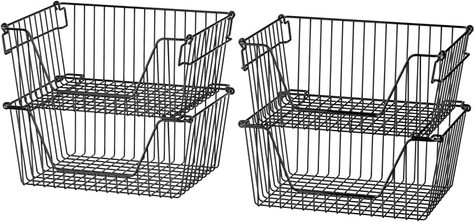 Slideep Wire Storage Baskets for Organizing, 4 Pack 14'' Stacking Metal Wire Freezer Organizer Bins with Handles, Large Pantry Baskets for Kitchen Cabinets, Bathroom, Laundry, Garage, Black by WelcometotheSlideep