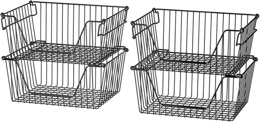 Slideep Wire Storage Baskets for Organizing, 4 Pack 14'' Stacking Metal Wire Freezer Organizer Bins with Handles, Large Pantry Baskets for Kitchen Cabinets, Bathroom, Laundry, Garage, Black by WelcometotheSlideep