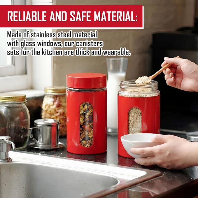 Patelai 6 Pack Kitchen Canisters Set 20 oz Airtight Stainless Steel Canister Food Storage Container with Window Glass, Coffee Sugar Candy Jars Tea Organizer for Flour Cookies Spice (Red,32 oz) - Image 5