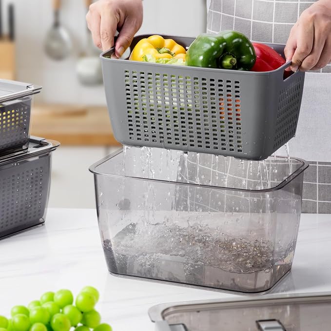 LUXEAR 4 Pack Fruit Containers for Fridge, Vegetable Storage Container with Lids &Removable Colander Produce Saver Organizer for Refrigerator Keep Fruit, Veggie, Berry, Meat Fresh Longer-Grey - Image 4