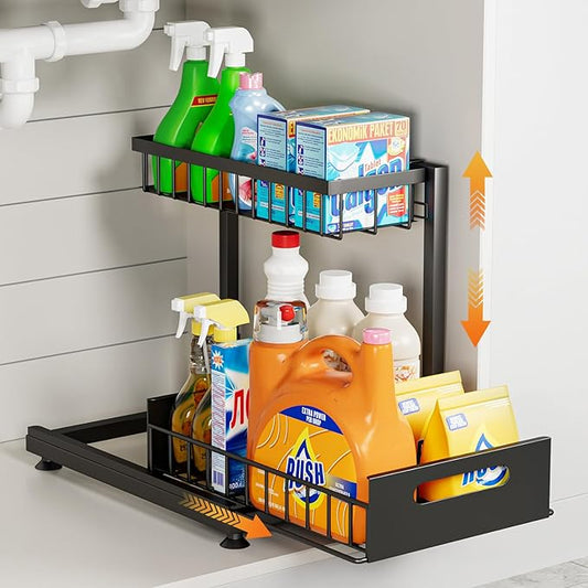 L-Shaped Under Sink Organizer, 2-Tier Pull-out Cabinet Rack 1-Pack | Black Height-Adjustable Steel Rack, Sliding Grid Drawers with PP Liners, Holds 100 Lbs, Suction Base, Ideal Kitchen Storage by Saydear