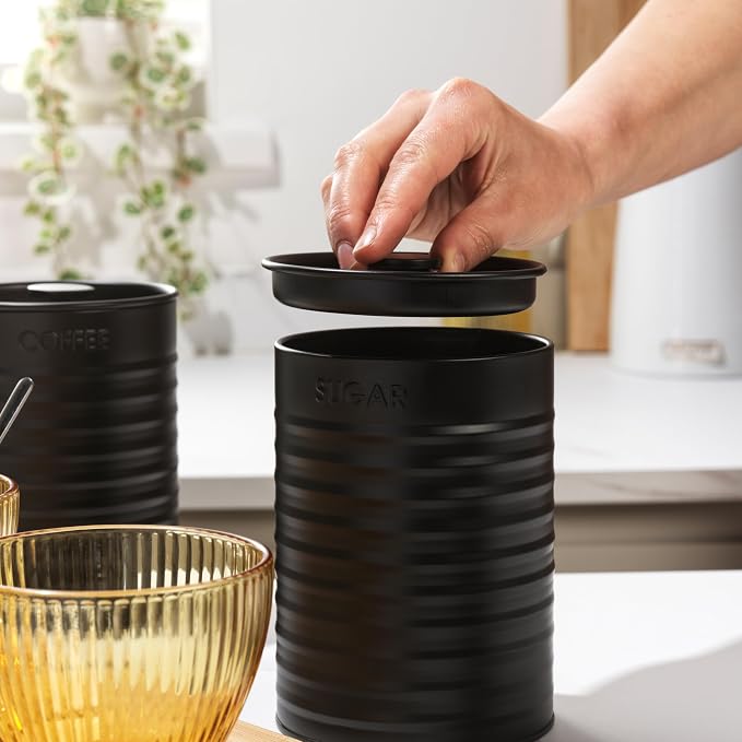 Russell Hobbs RH03268EU7 Ribbed 3-Piece Canister Set – Set of 3 Kitchen Storage Canisters for Tea, Coffee and Sugar, Durable Powder-Coated Steel, Pull Top Lids, Easy to Clean, Ribbed Design, Black - Image 5