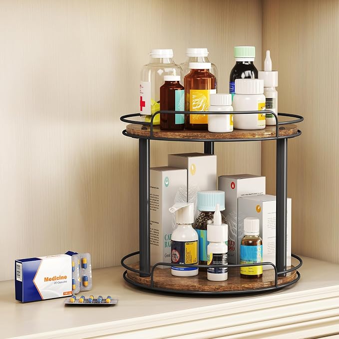 LAMU 10'' Wood Lazy Susan Turntable Organizer for Cabinet, 2 Tier Lazy Susan Spice Rack Organizer for Kitchen, Table Top, Countertop, Pantry, Medicine Organizer - Image 4