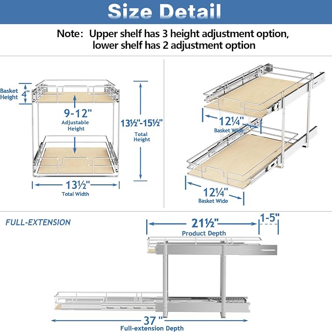ROOMTEC 2 Tier Individual Pull Out Cabinet Organizer 13½"W x 21½"D, Slide Out Wood Shelves Organizers, Pull Out Drawers Organization and Storage for Kitchen Cabinet - Image 3