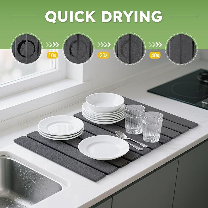 Large Stone Dish Drying Mat for Kitchen Counter – 24"×16" Collapsible Diatomaceous Earth Mat, Ultra Absorbent & Quick Dry, Foldable Drying Pad for Dishes, Bottles, Cups (Dark Grey) - Image 7