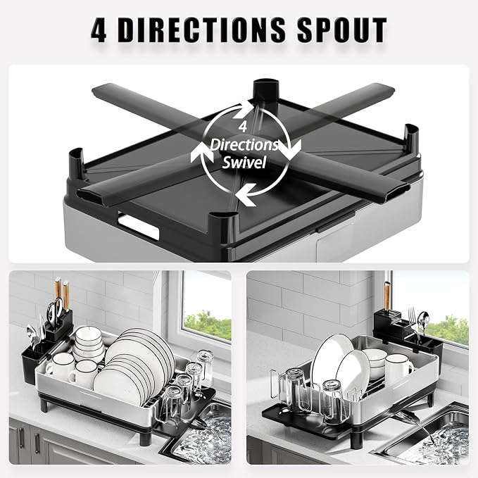 Dish Drying Rack, 304 Stainless Steel Dish Racks for Kitchen Counter | Dish Drainers with Automatic Drainage, Utensil Holder & Cups Holder, Space Saving Kitchen Organizer, Black - Image 3