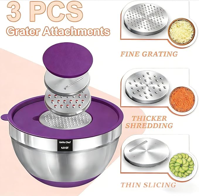 Umite Chef Thickened Heavy-Duty 26pcs Stainless Steel Bowl, Mixing Bowl Set with Lid, Grater Attachment, Colorful Non-Slip Bottom and Kitchen Gadget Set, Sizes 7, 4, 2.5, 2.0, 1.5, 1QT - Image 6