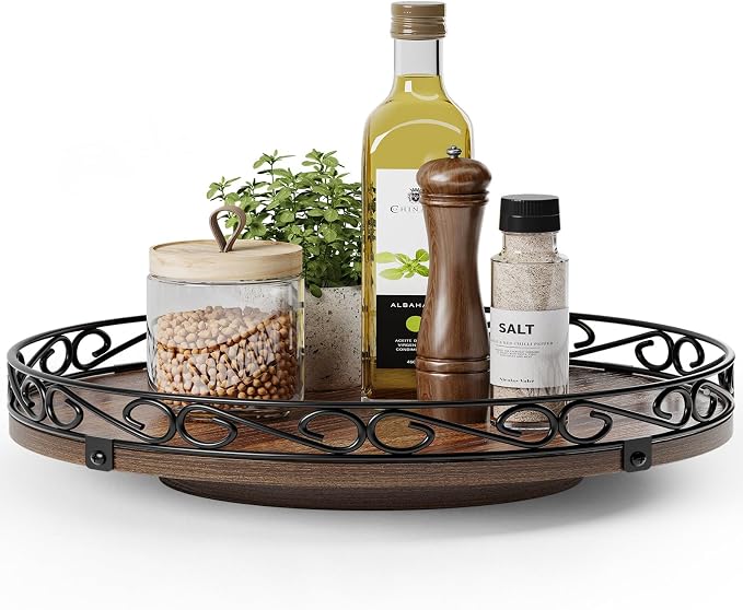 13" Lazy Susan Turntable Organizer for Table Top, Wood Lazy Susan Cabinet | Farmhouse Rotating Decor Tray for Dining Table, Pantry, Kitchen Countertop, Spice, Bathroom Vanity, Round Patterned Rim,Brown by Yoobure