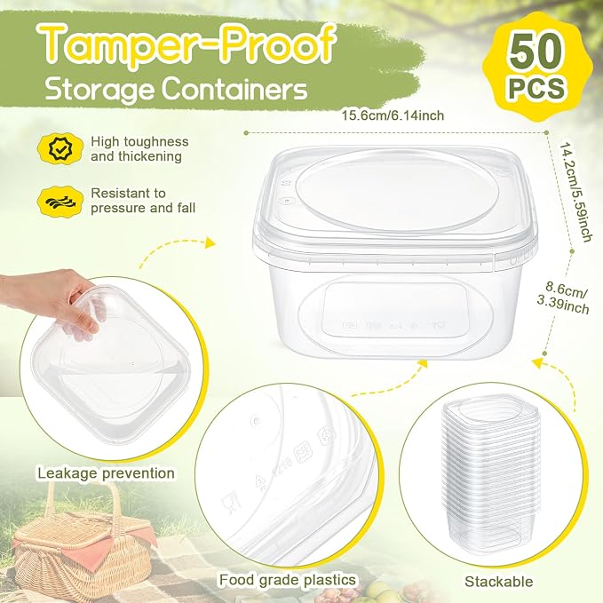 50 Pack 40 oz Deli Containers with Lids, Tamper Proof Leak Resistant Clear Plastic Food Storage Containers, Airtight Meal Prep Container for Soup Salad Tiramisu, Microwave & Dishwasher Safe - Image 2