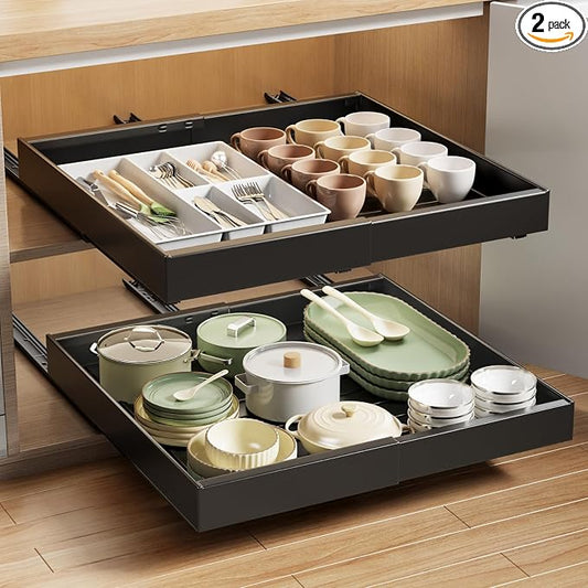 MUSTORN 2 Pack Pull Out Cabinet Organizer Expandable, 21"Deep Slide Out Drawer for Cabinets Adhesive Pull Out Drawers Heavy Duty Pull Out Shelves for Kitchen, Cupboard, Pantry, Bathroom(Black) by MUSTORN