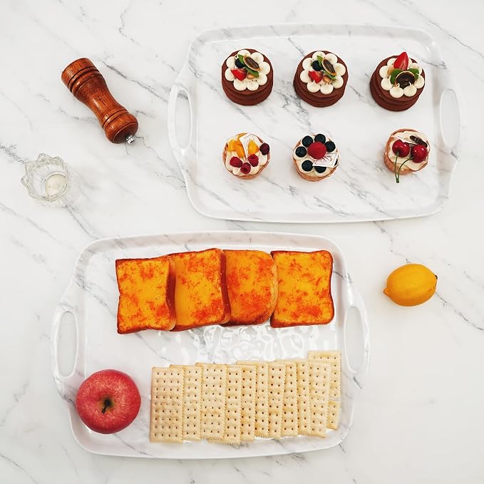 TP Melamine Serving Trays with Handles, 17” x 12”, Set of 2, White Marble | Rectangular Trays, Serving platters for Food and Meat, Party Serving, Lightweight, Break-resistant - Image 5