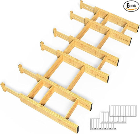 SpaceAid Bamboo Drawer Dividers with Inserts and Labels, Kitchen Adjustable Drawer Organizers, Expandable Organization for Home, Office, Dressers and Bathroom, 6 Dividers with 12 Inserts (13.25-17 in) by SpaceAid