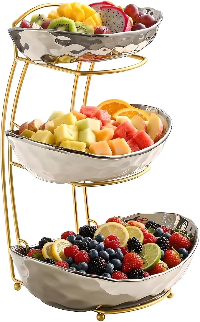 XUDREZ 2 Tier/ 3 Tier Fruit Bowl with Metal Stand for Kitchen Counter, Ceramic Gold Silver, Portable Tiered Fruit Basket Fruit Rack for Nuts, Snacks, Bread, Candy Storage (Silver, 3 Tier) - Image 3