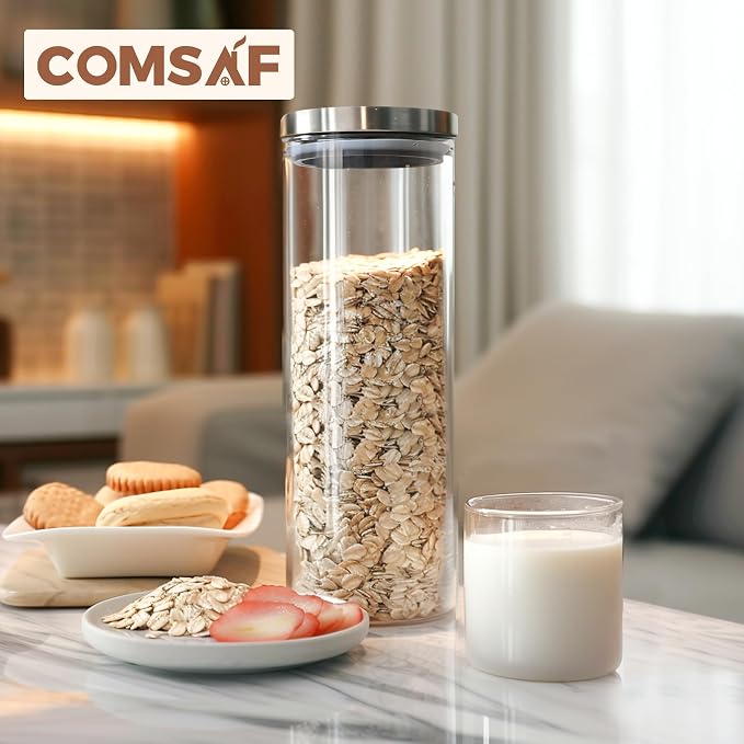 ComSaf Glass Food Storage Containers with Stainless Lids Set of 3, 70 OZ Clear Glass Jar with Airtight Lid, Tall Spaghetti Container, Glass Storage Jars for Pasta Rice Oats, Canister Set for Kitchen - Image 6