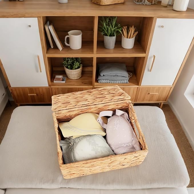 Wicker Storage Baskets with Lids,Multi-size 3 Pack Natural Water Hyacinth Wicker Nesting Baskets,Decorative Storage Ratten Boxes for Organizing,Storage,and Gifts - Image 2